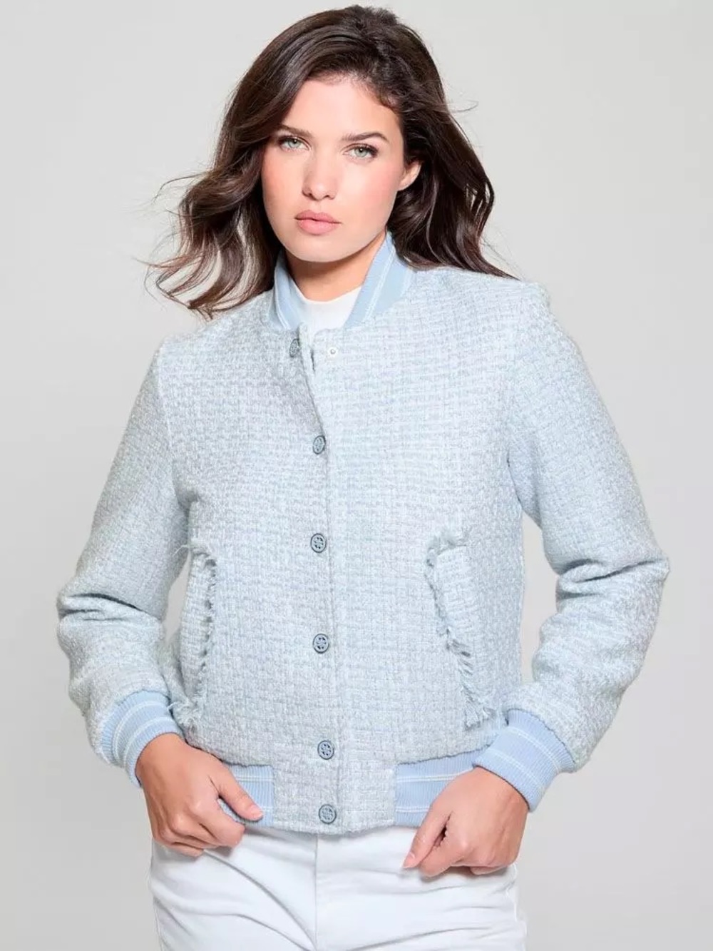 Guess Women's Gloria Long Sleeve Tweed Bomber Jacket